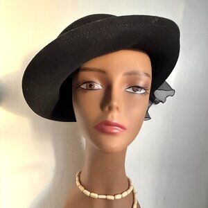 Vintage 70s USA Arlin Black Brimmed Bowlers Fedora Band Bow Brim Wool Hat